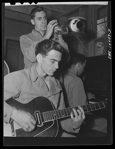 Fort Belvoir, Virginia. Private Thomas Cavallaro playing the trumpet