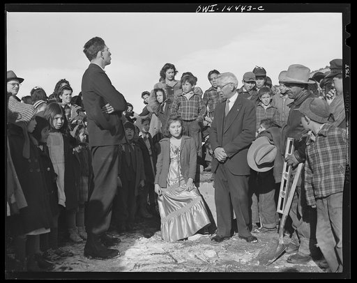 Untitled photo, possibly related to: Penasco, New Mexico. Justice of the peace making a speech "in the grand manner" at the dedication of the new building for the clinic operated by the Taos County cooperative health association