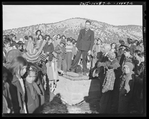 Penasco, New Mexico. Father Cassidy speaking at the dedication of the new building for the clinic operated by the Taos County cooperative health association