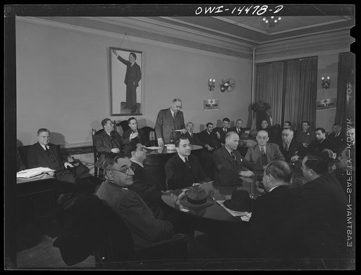 New York, New York. Meeting of Local 48, International Ladies Garment Workers union, at which the sale of bonds was discussed. A portrait of Dubinski is on the wall. The International Ladies Garment Workers union has 10,000 members and has bought 500,000 dollars worth of bonds so far