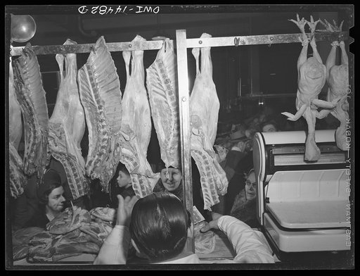 New York, New York. Italian meat stall in the First Avenue market at Tenth Street