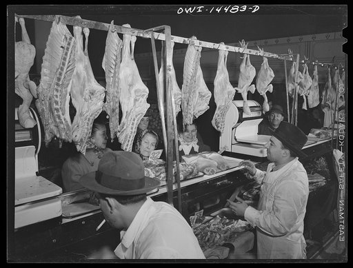New York, New York. Italian meat stall in the First Avenue market at Tenth Street