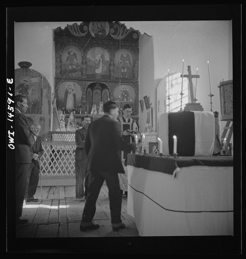 Untitled photo, possibly related to: Trampas, New Mexico. Main altar in a church which was built in 1700 and is the best-preserved colonial mission in the Southwest