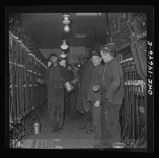 Untitled photo, possibly related to: Pittsburgh (vicinity), Pennsylvania. Montour Number Four mine of the Pittsburgh Coal Company. Miners in the room where lamps are kept
