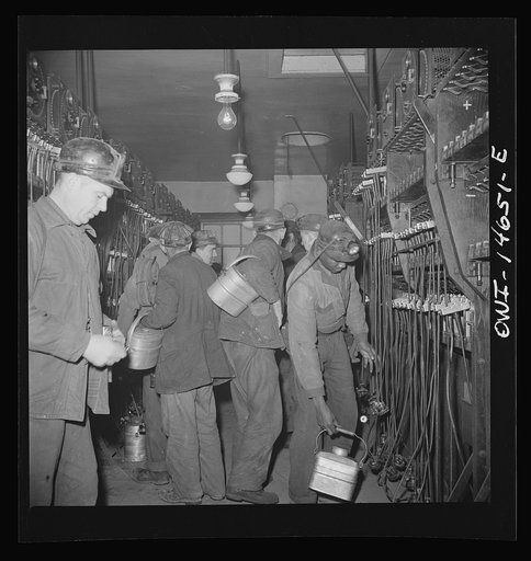 Pittsburgh (vicinity), Pennsylvania. Montour Number Four mine of the Pittsburgh Coal Company. Miners in the room where lamps are kept