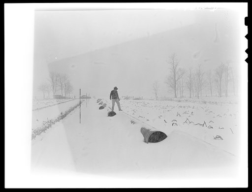 Pennsylvania section of the war emergency twenty-four inch pipeline to carry oil from the Texas fields to eastern refineries, completed in July 1943. Inspector walking on strung pipe of a snowy day