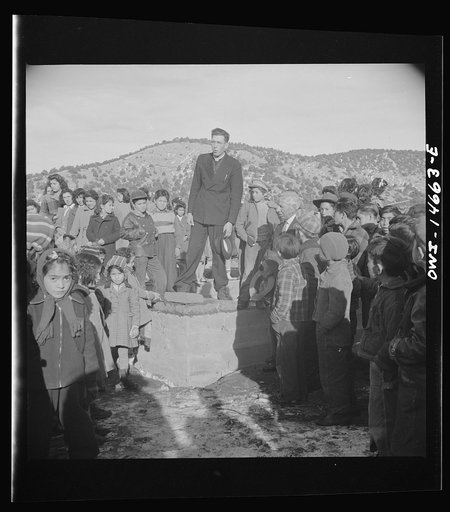 Untitled photo, possibly related to: Penasco, New Mexico. Justice of the peace making a speech "in the grand manner" at the dedication of the new building for the clinic operated by the Taos County cooperative health association