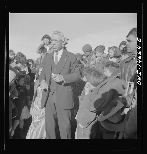 Untitled photo, possibly related to: Penasco, New Mexico. Justice of the peace making a speech "in the grand manner" at the dedication of the new building for the clinic operated by the Taos County cooperative health association