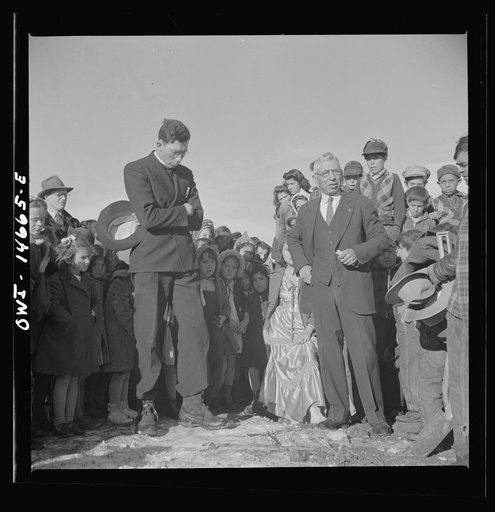 Untitled photo, possibly related to: Penasco, New Mexico. Justice of the peace making a speech "in the grand manner" at the dedication of the new building for the clinic operated by the Taos County cooperative health association