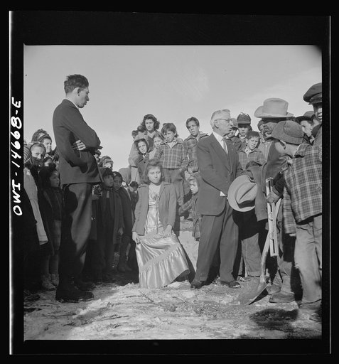 Untitled photo, possibly related to: Penasco, New Mexico. Justice of the peace making a speech "in the grand manner" at the dedication of the new building for the clinic operated by the Taos County cooperative health association
