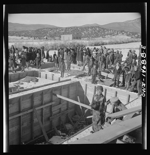 Untitled photo, possibly related to: Penasco, New Mexico. Crowds gathering at the dedication ceremony of the new building for the clinic operated by the Taos County cooperative health association