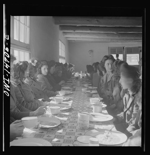 Untitled photo, possibly related to: Penasco, New Mexico. Hot lunch provided by community support at a grade and high school administered by the Roman Catholic church