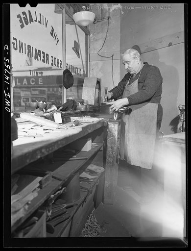 Untitled photo, possibly related to: New York, New York. Italian-American shoe repair man