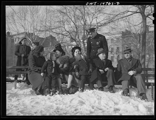 Untitled photo, possibly related to: New York, New York. An Italian-American cop chatting with a group of Italian-Americans in Washington Square Park