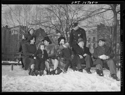 Untitled photo, possibly related to: New York, New York. An Italian-American cop chatting with a group of Italian-Americans in Washington Square Park