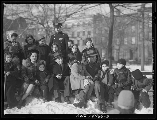 Untitled photo, possibly related to: New York, New York. An Italian-American cop chatting with a group of Italian-Americans in Washington Square Park