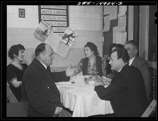 New York, New York. Saturday night gathering of the members of the Venetia Giulia fraternity, an International Workers' Order section made up of Italians from the southern section of Austria. The organization gives them sickness insurance and other benefits. These people are dancing to a juke box in