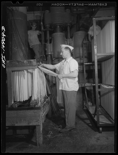 Long Island City, New York. Atlantic Macaroni Company, makers of Caruso brand products. Worker hanging out spaghetti to dry