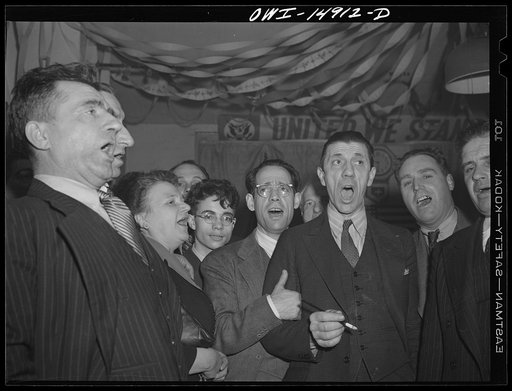 New York, New York. Saturday night gathering of the members of the Venetia Giulia fraternity, an International Workers' Order section made up of Italians from the southern section of Austria. The organization gives them sickness insurance and other benefits. Austrian-Italian-Americans singing songs 