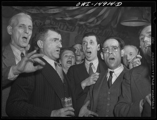 New York, New York. Saturday night gathering of the members of the Venetia Giulia fraternity, an International Workers' Order section made up of Italians from the southern section of Austria. The organization gives them sickness insurance and other benefits. Austrian-Italian-Americans singing songs 