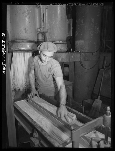 Long Island City, New York. Atlantic Macaroni Company, makers of Caruso brand products. Feeding spaghetti, still moist, into a trimming machine