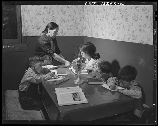 Trampas, New Mexico. Mrs. Maclovia Lopez, can read and write English well; she also keeps the family books in the evening and helps the children with their homework
