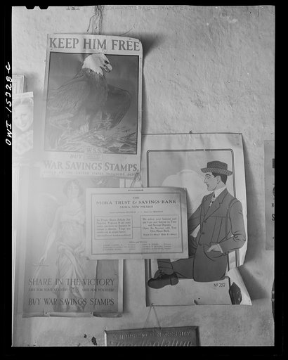 Chacon, Mora County, New Mexico. Posters of the first world war which have never been removed from the wall of the general store