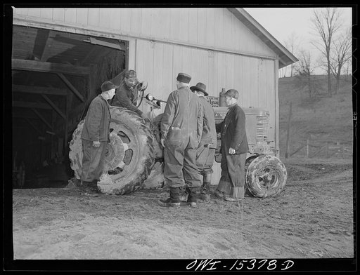 Rio Grande, Gallia County, Ohio. Vinton Kerr (on the tractor), a local farmer hired to instruct farm labor trainees at Rio Grande College