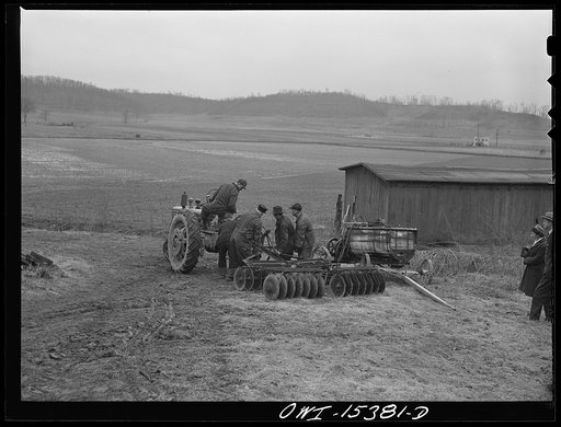 Rio Grande, Gallia County, Ohio. Farm labor trainees attaching disc plow to tractor at the Rio Grande College