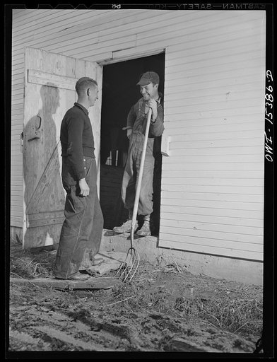 Untitled photo, possibly related to: Rio Grande, Gallia County, Ohio. Reed Hall talking with his boss, Earl Oiler, in the dairy barn