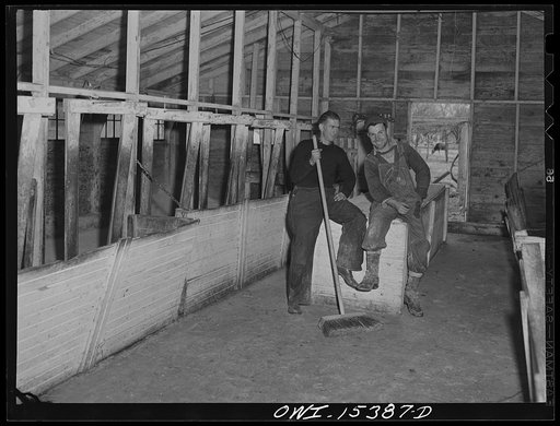 Rio Grande, Gallia County, Ohio. Reed Hall talking with his boss, Earl Oiler, in the dairy barn