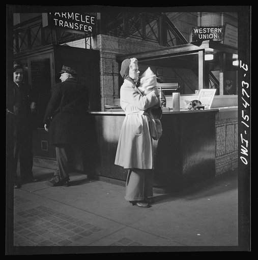 Untitled photo, possibly related to: Chicago, Illinois. Waiting for a train in the concourse of the Union Station. Parmelee transfer sign