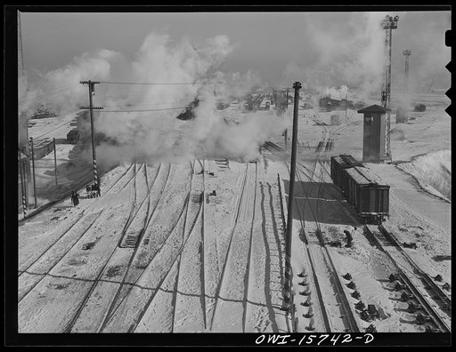 Untitled photo, possibly related to: Chicago, Illinois. Looking west from the hump at the Belt Railway Company of Chicago clearing yards