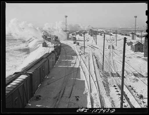 Untitled photo, possibly related to: Chicago, Illinois. Looking west from the hump at the Belt Railway Company of Chicago clearing yards