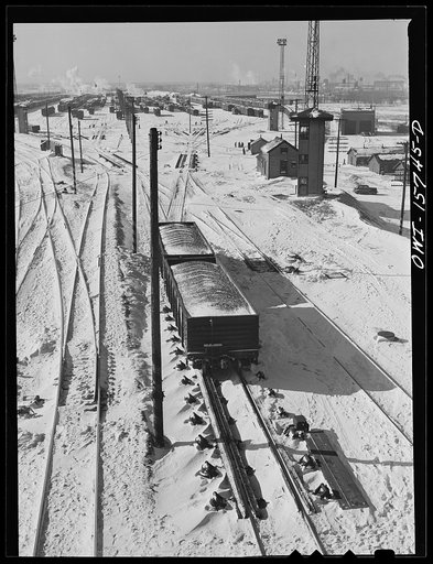Untitled photo, possibly related to: Chicago, Illinois. Looking west from the hump at the Belt Railway Company of Chicago clearing yards