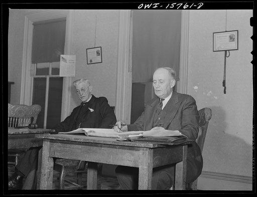 West Chicago, Illinois. Reading the minutes at a meeting of the West Chicago Lodge of the International Brotherhood of the Railway Trainmen (Northwestern Railroad local)