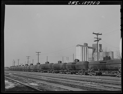 Untitled photo, possibly related to: Hammond, Indiana. A train of tank cars on Michigan Central Railroad tracks
