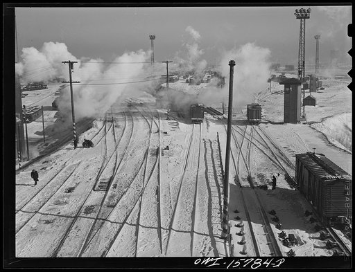 Untitled photo, possibly related to: Chicago, Illinois. Looking west from the hump at the Belt Railway Company of Chicago clearing yards