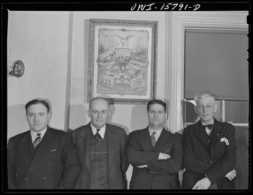 West Chicago, Illinois. Officers of Albert Keep Lodge, Number 364, International Brotherhood of Railway Trainmen. Left to right: vice-president E.H. Schlueter, a yard engine foreman; treasury and local chairman, F.C. Ehredt, ticket collector and assistant conductor; legislative representative Carl B