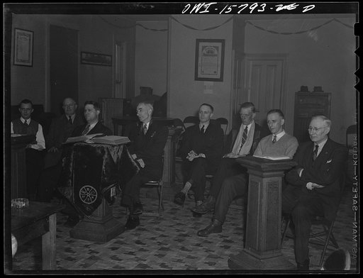 Untitled photo, possibly related to: West Chicago, Illinois. At a meeting of the Albert Keep Lodge Number 364 of the International Brotherhood of Railway Trainman. Northwestern Railroad local. The lodge has been organized since 1890 and has 150 members on record. Four hundred dollars were taken out 