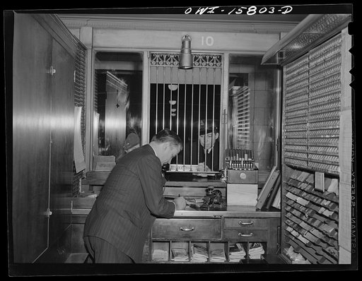Chicago, Illinois. In the ticket seller's booth at the Union Station