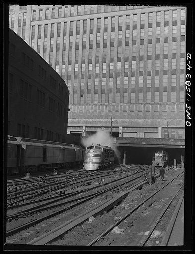 Chicago, Illinois. Chicago Burlington and Quincy streamliner pulling out of the Union Station