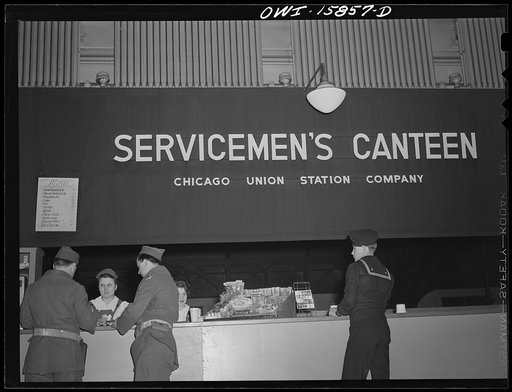 Chicago, Illinois. The servicemen's canteen is on the river side of the Union Station above the telegrapher's office
