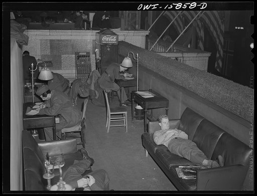 Chicago, Illinois. The USO (United Service Organizations) lounge is on the River Drive side of the Union Station above the telegrapher's office