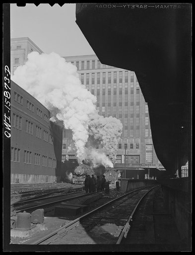 Chicago, Illinois. Trains pulling out of the south side of Union Station