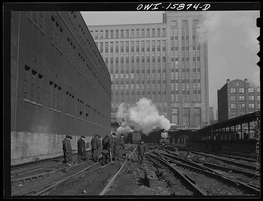 Chicago, Illinois. Trains pulling out of the south side of Union Station