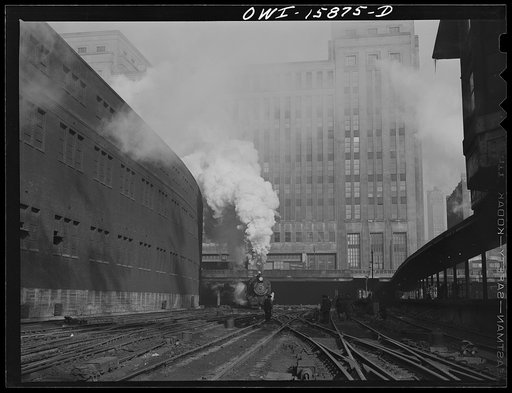 Untitled photo, possibly related to: Chicago, Illinois. Trains pulling out of the south side of Union Station