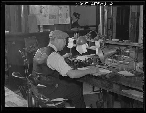 Chicago, Illinois. The telegrapher and dispatcher's office at Union Station. It is here that conductors get their train orders and other information