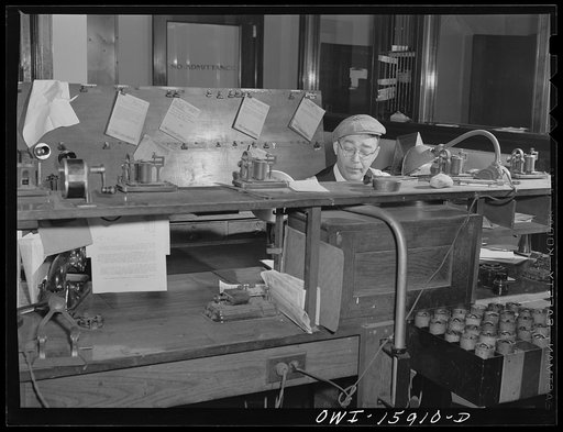 Chicago, Illinois. The telegrapher and dispatcher's office at Union Station. It is here that conductors get their train orders and other information