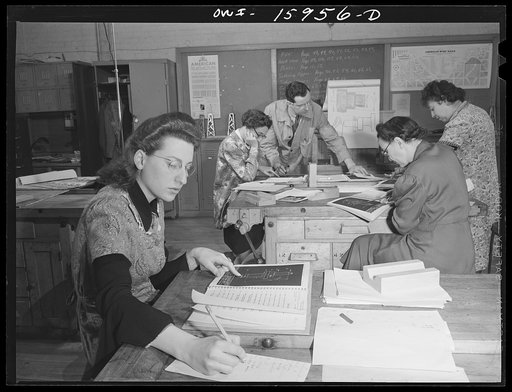 Untitled photo, possibly related to: New York, New York. Industrial training for war work offered to women by New York University under United States government sponsorship. Class in blueprint reading. Many students get jobs even before they finish
